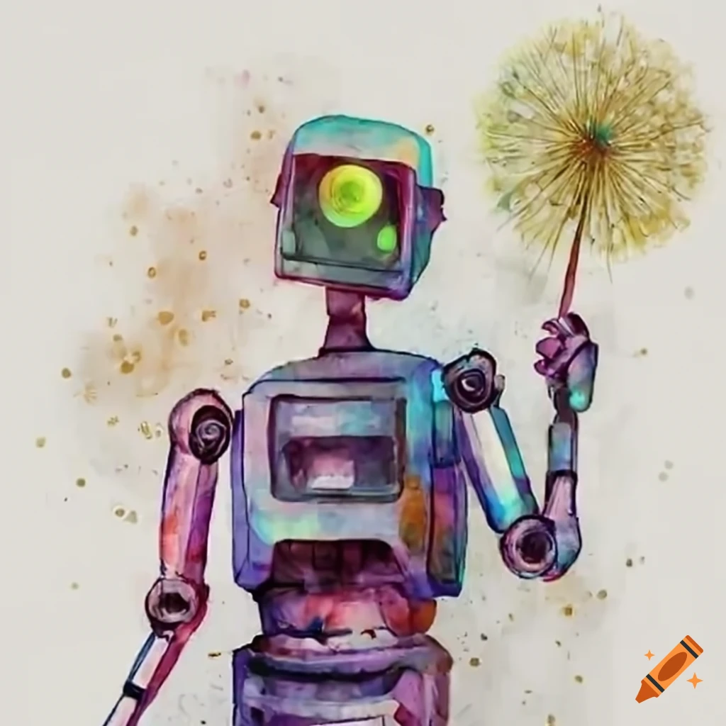 Robot Drawing Sketch in Color Watercolor Illustration Hyper