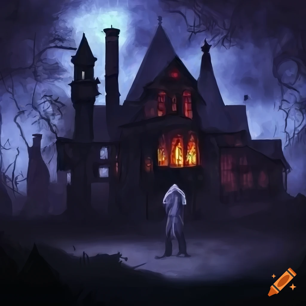 Painting of a mysterious man in front of a vampire manor on Craiyon