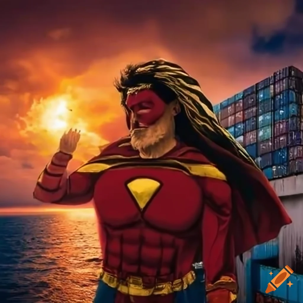 superhero pulling a container ship into port