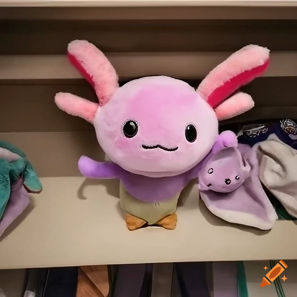 cute axolotl plush mascot sitting on display shelf