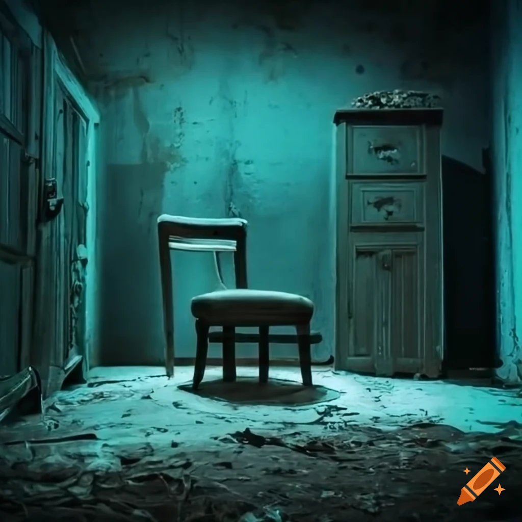 cyan-lit derelict basement with chairs and wardrobes