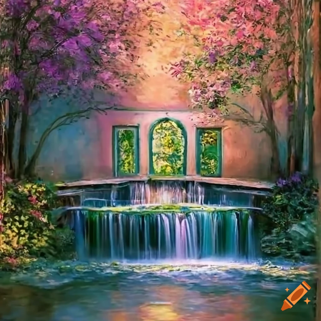 painting of a Victorian garden with a balcony overlooking a pond