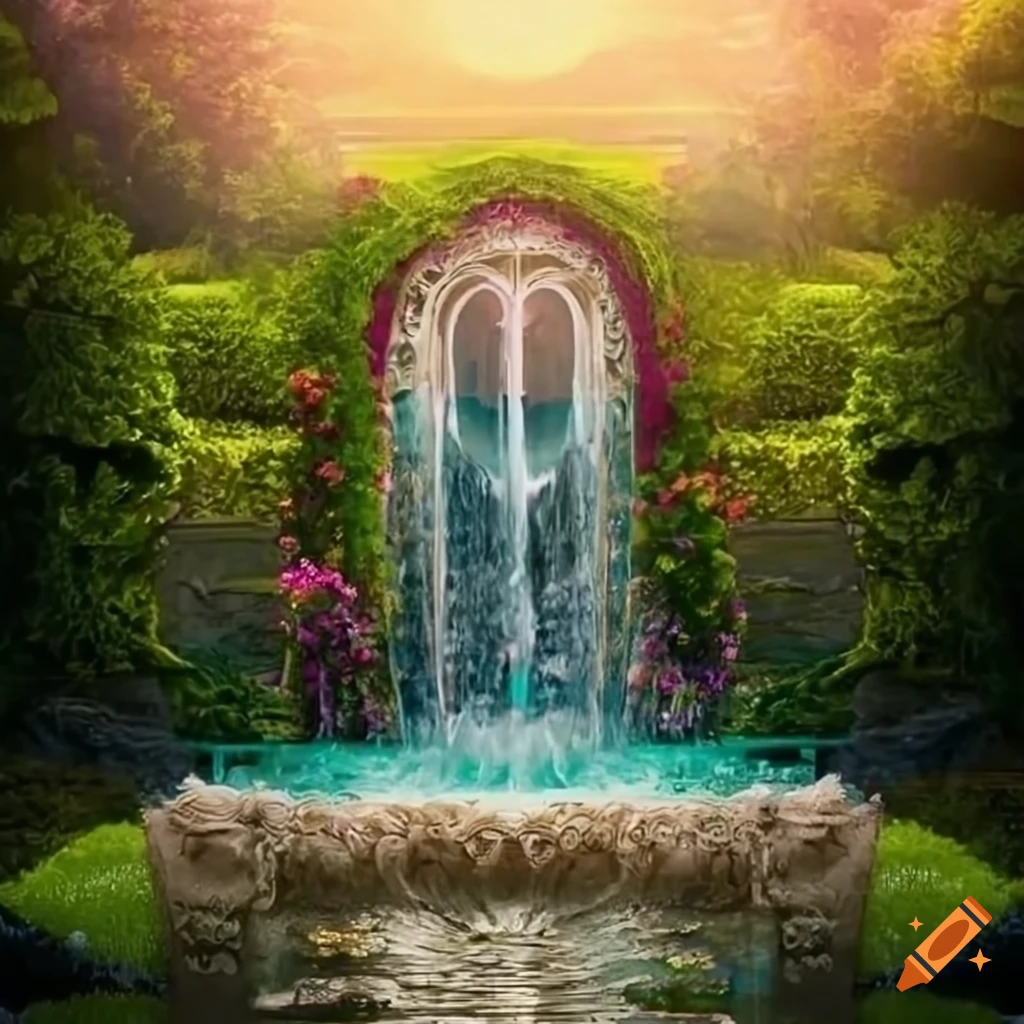 romantic Victorian garden with a waterfall and flowering plants