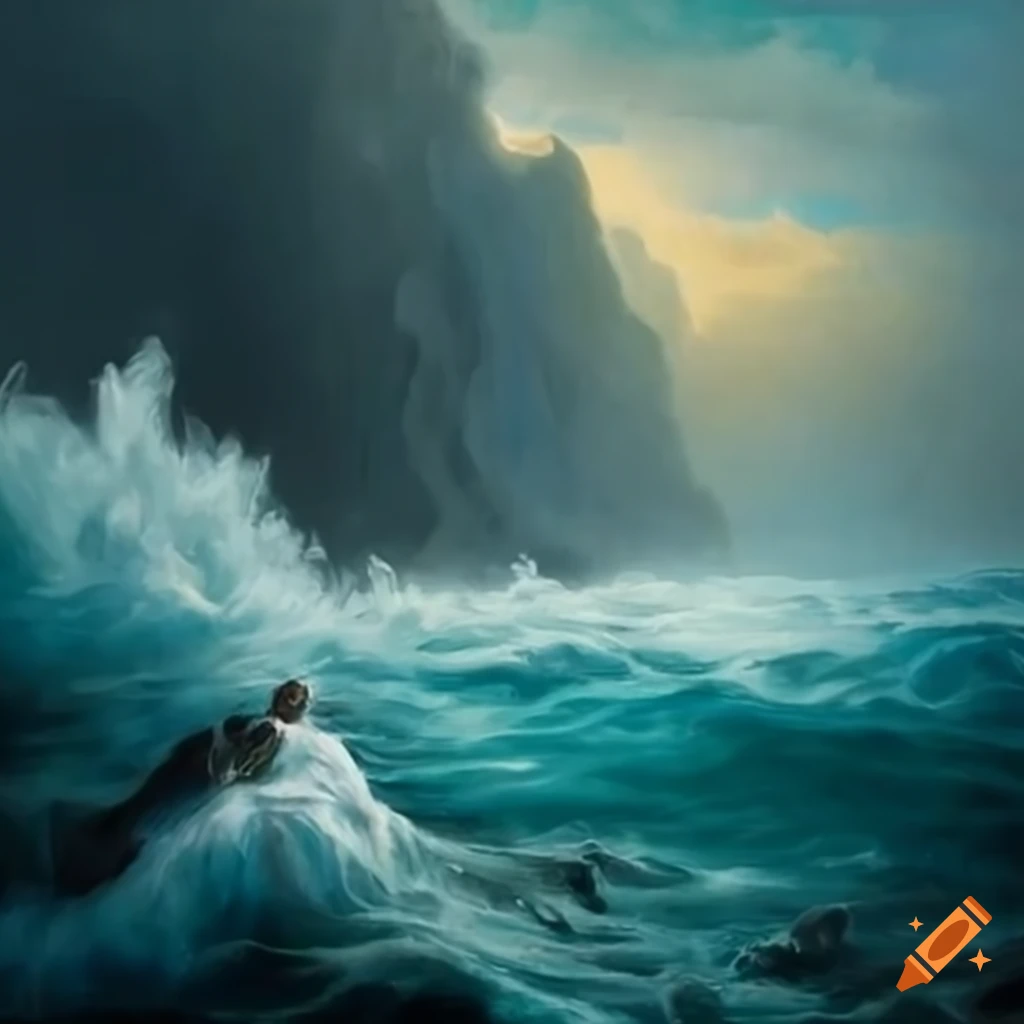 Painting of jesus calming a stormy sea on Craiyon