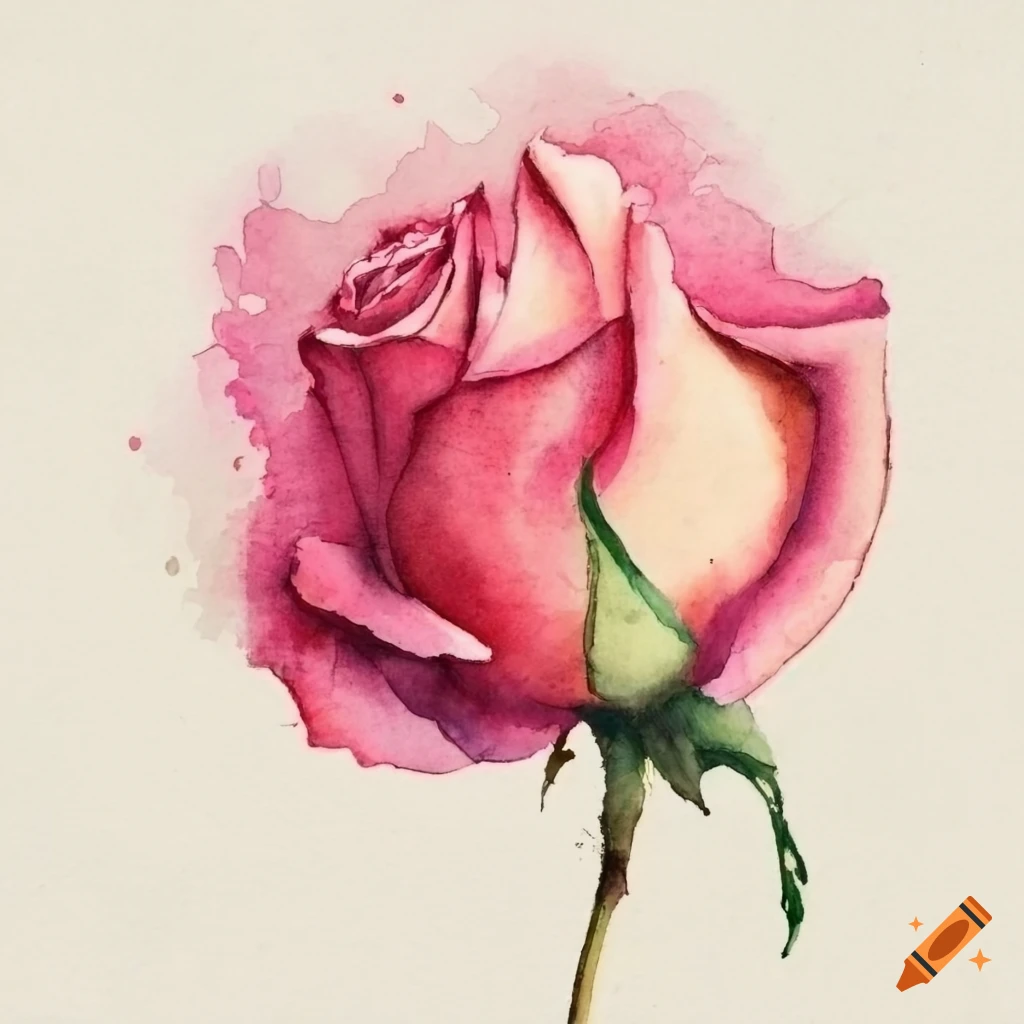watercolor painting of a pink rose on a long stem