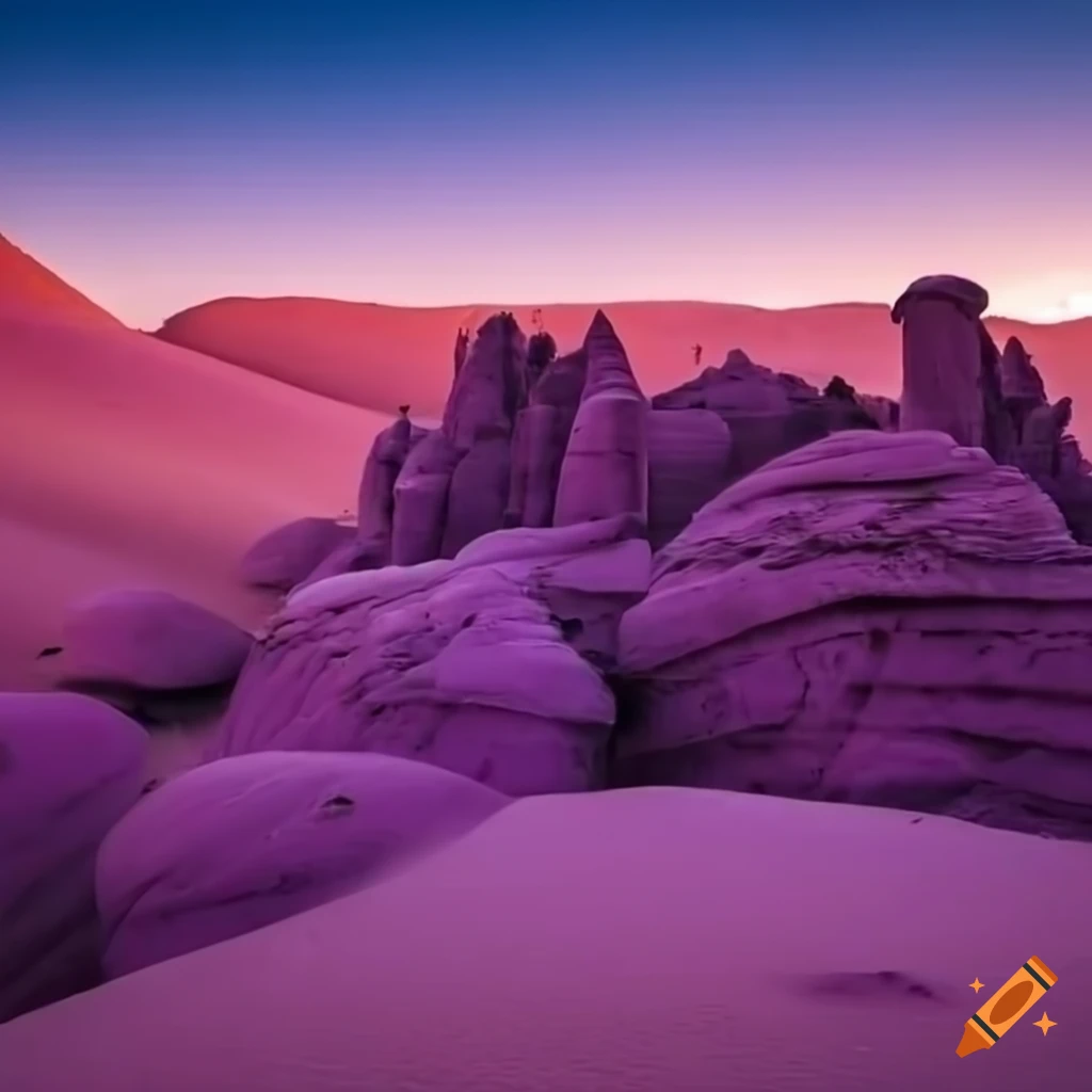 purple desert with carved tufas