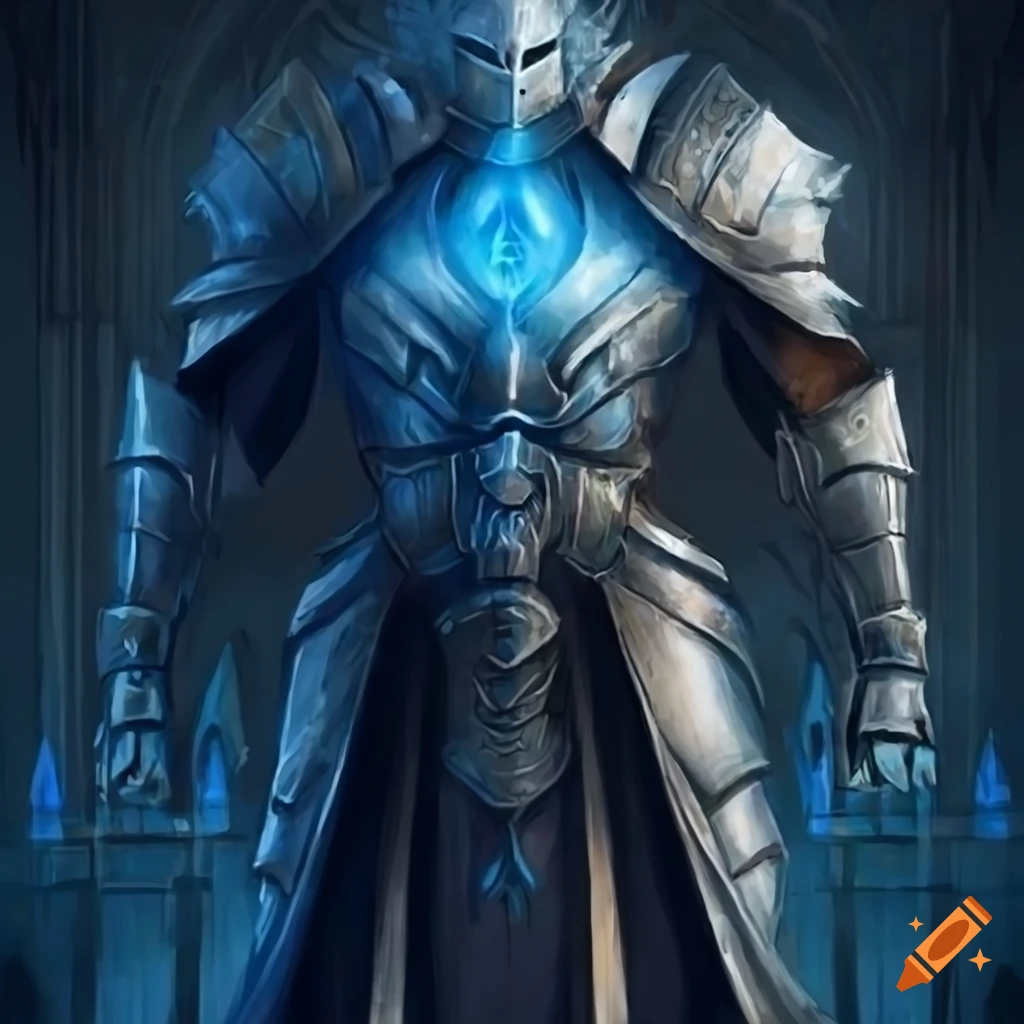 Digital art of a ilmater paladin with blue flaming head on Craiyon