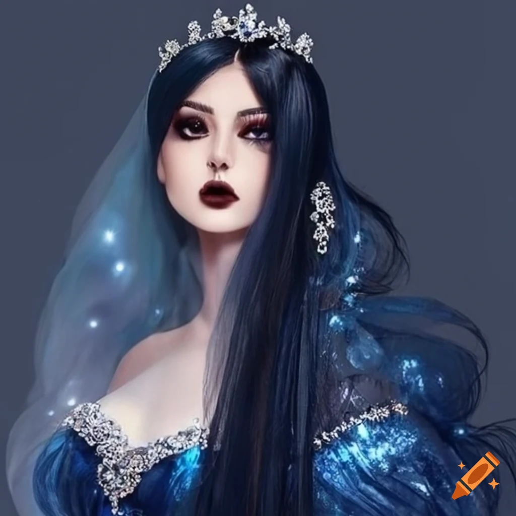 Princess in a dark blue sequin velvet dress with silver sapphire jewelry