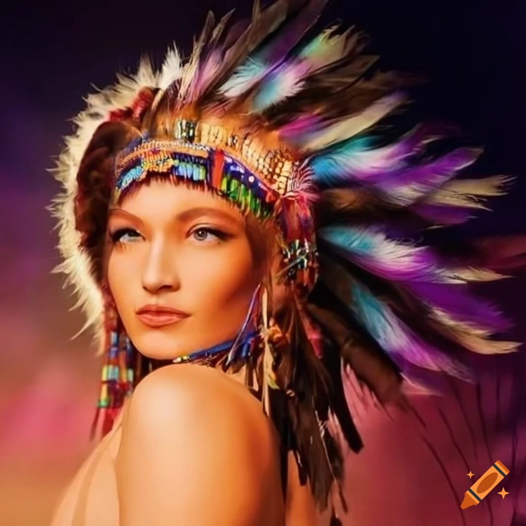Native american with a colorful feather headdress at night