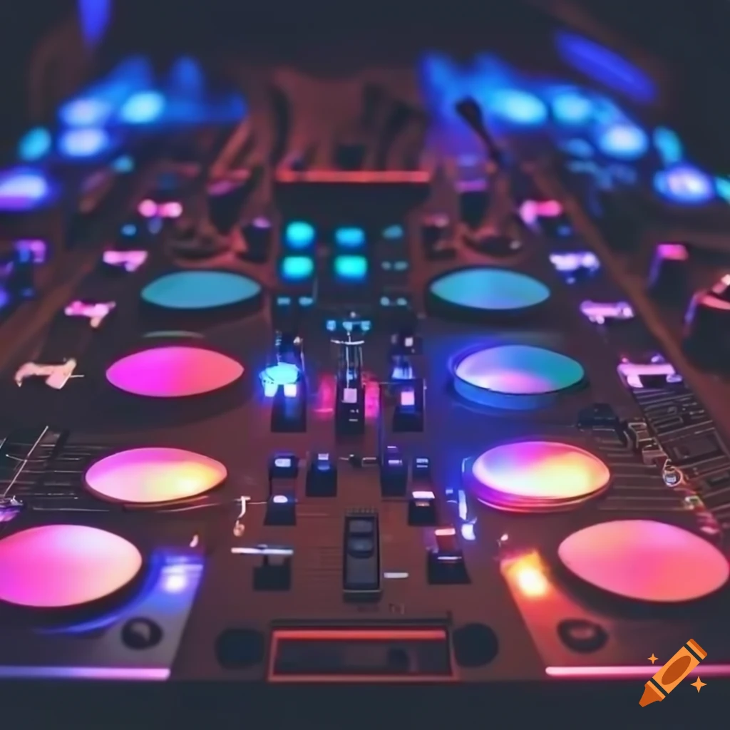 Dj controller on a computer desk with led lights on Craiyon