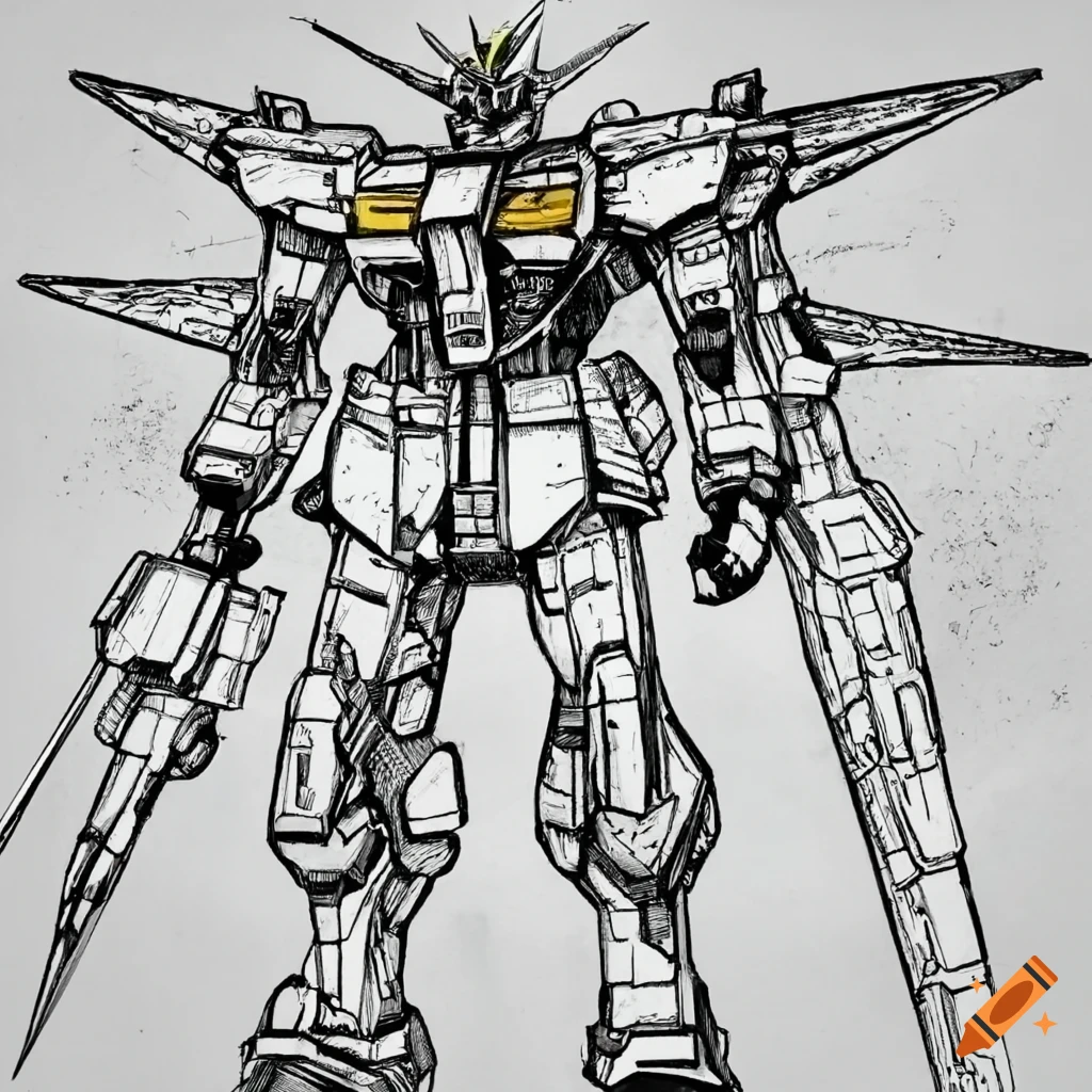 detailed pen and ink Gundam illustration