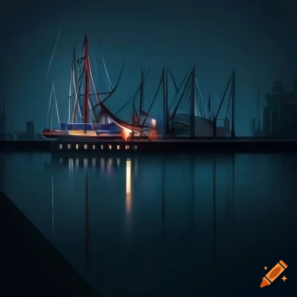 graphic depiction of a fishing port dock at night in light rain