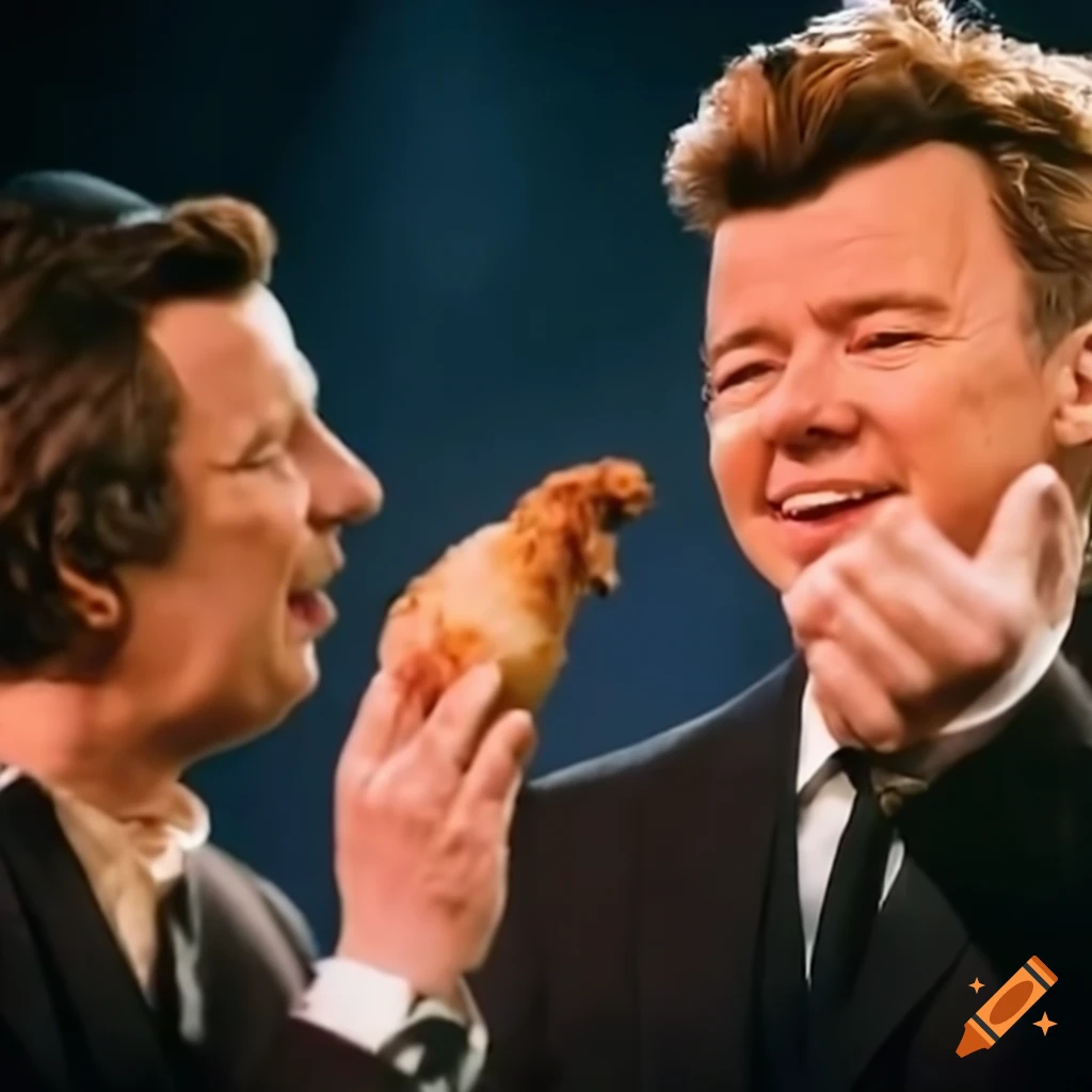 Will farrell and rick astley enjoying a giant friedchicken leg on Craiyon