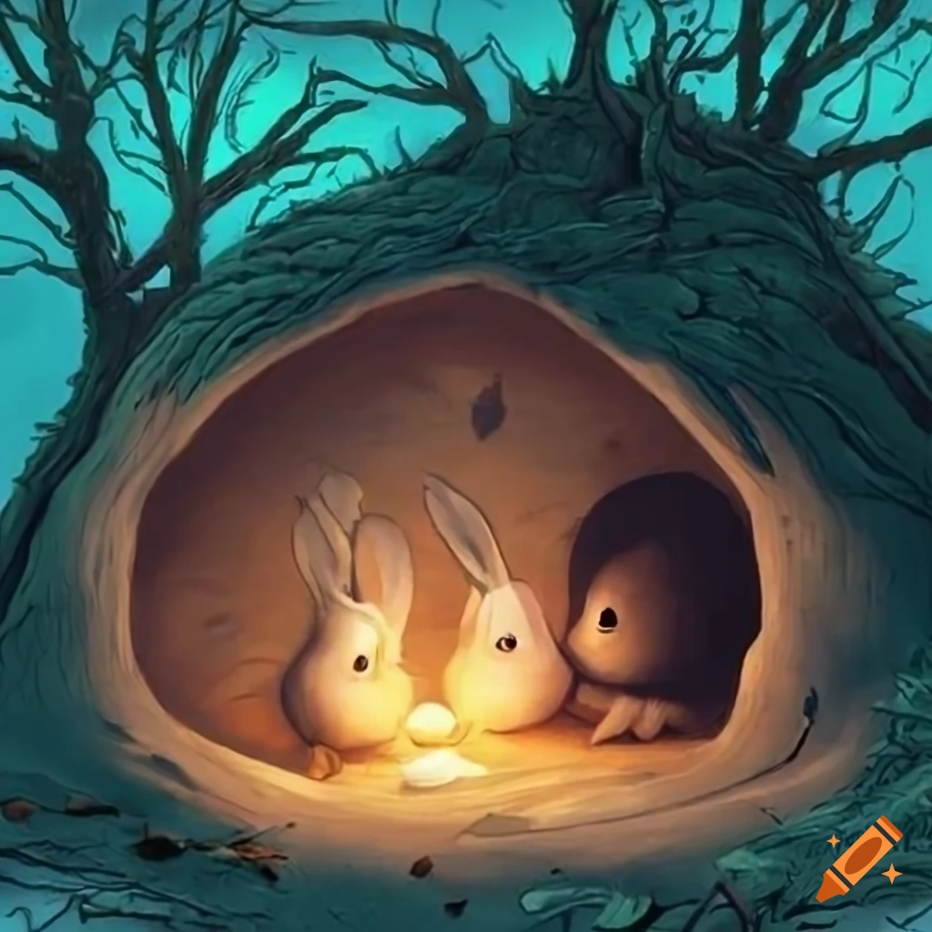 illustration of four rabbits living under a fir tree