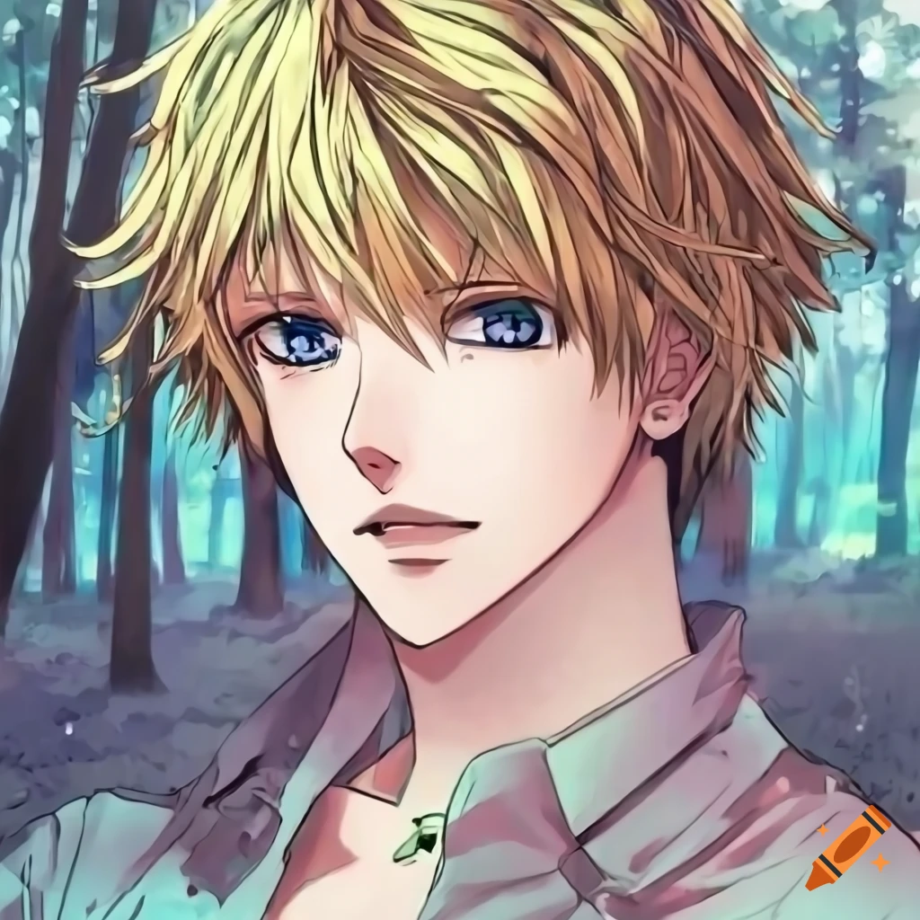 Blonde wavy hair, blue eyes, anime guy