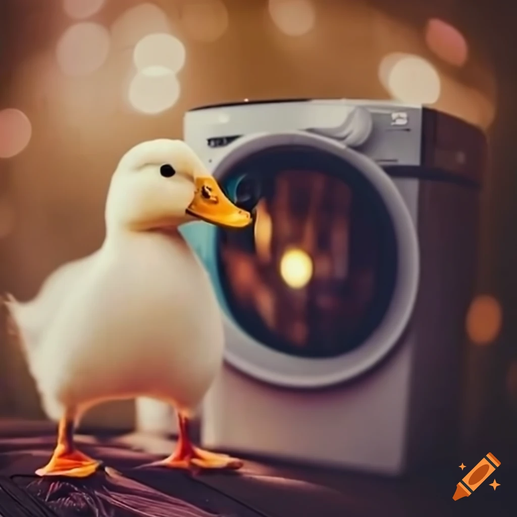 Adorable duck with a washing machine