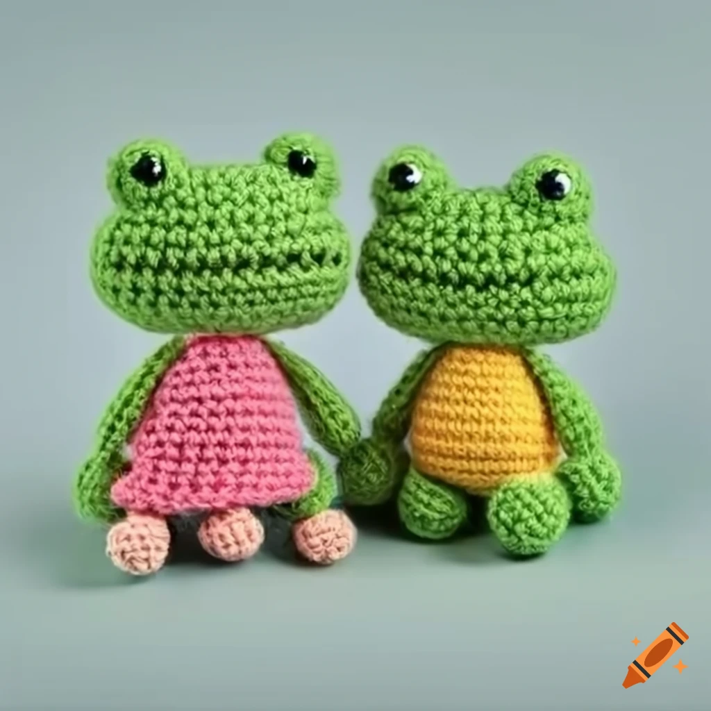 adorable amigurumi frog and girl posing together