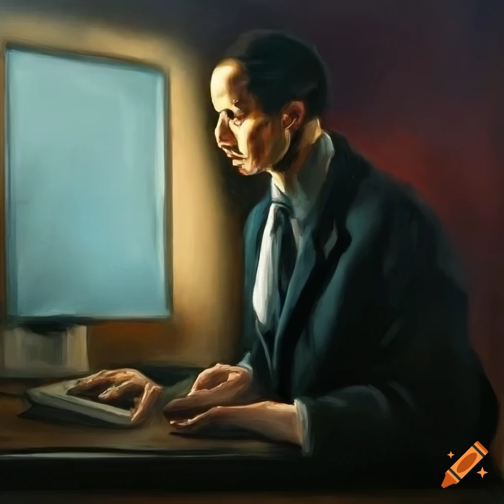 Oil painting of a man using a computer on Craiyon