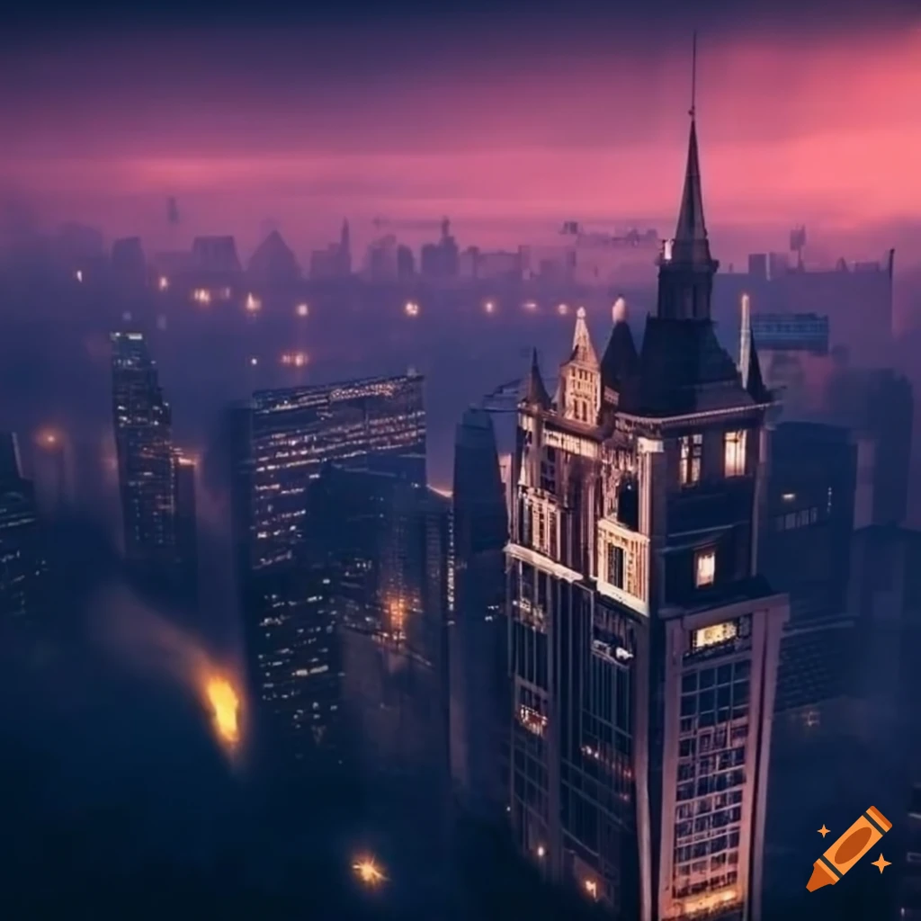 city skyline with a manor on top of a skyscraper
