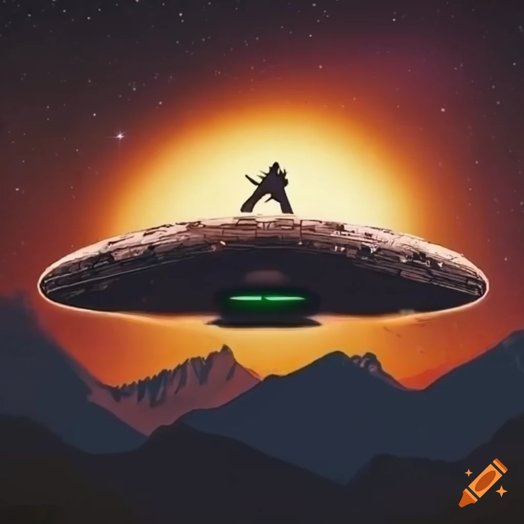 logo of a sasquatch in a ufo over a mountain landscape