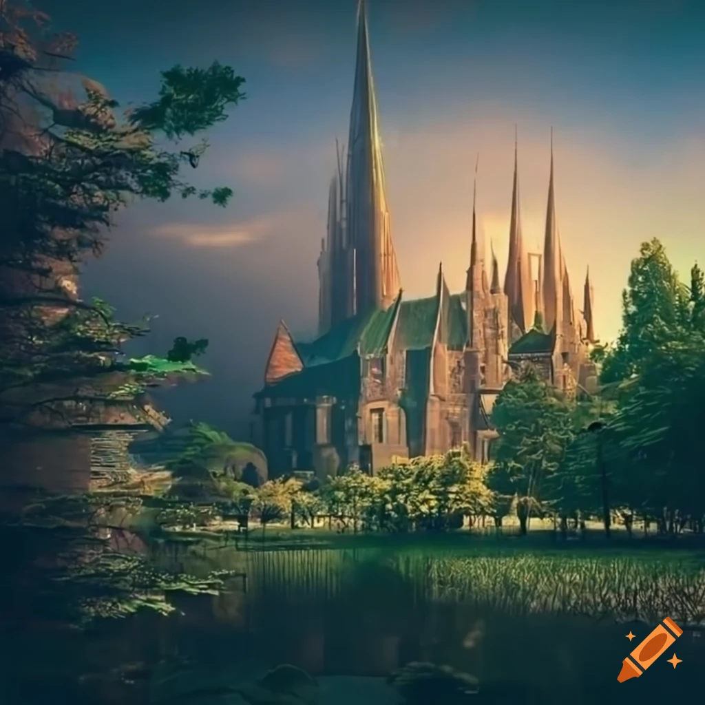 photorealistic cityscape with overgrown plants and trees