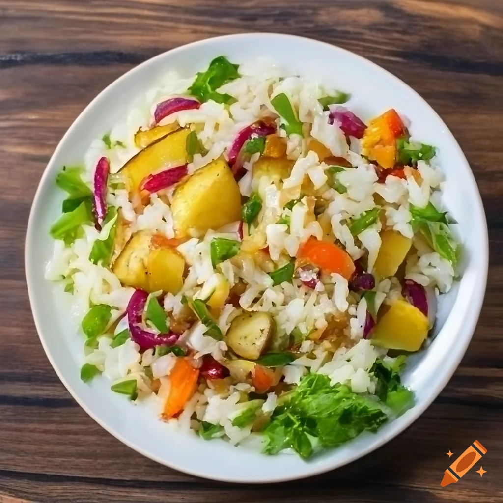 Plate of rice with baked potatoes and salad on Craiyon