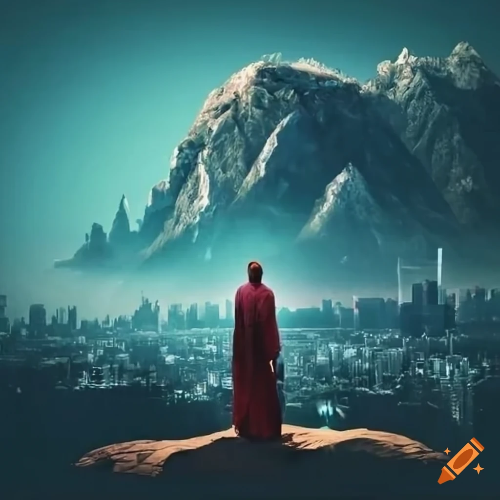 View Of A Wise Man Overlooking A Technological City Surrounded By view-of-a-wise-man-overlooking-a-technological-city-surrounded-by