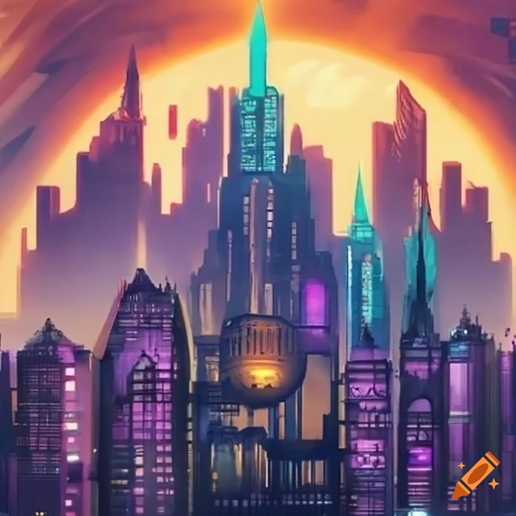 sci-fi cityscape with MythOS elements