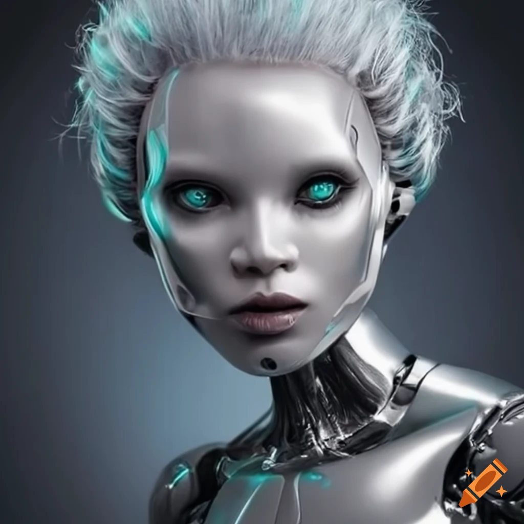 image of silver female robots with silver hair