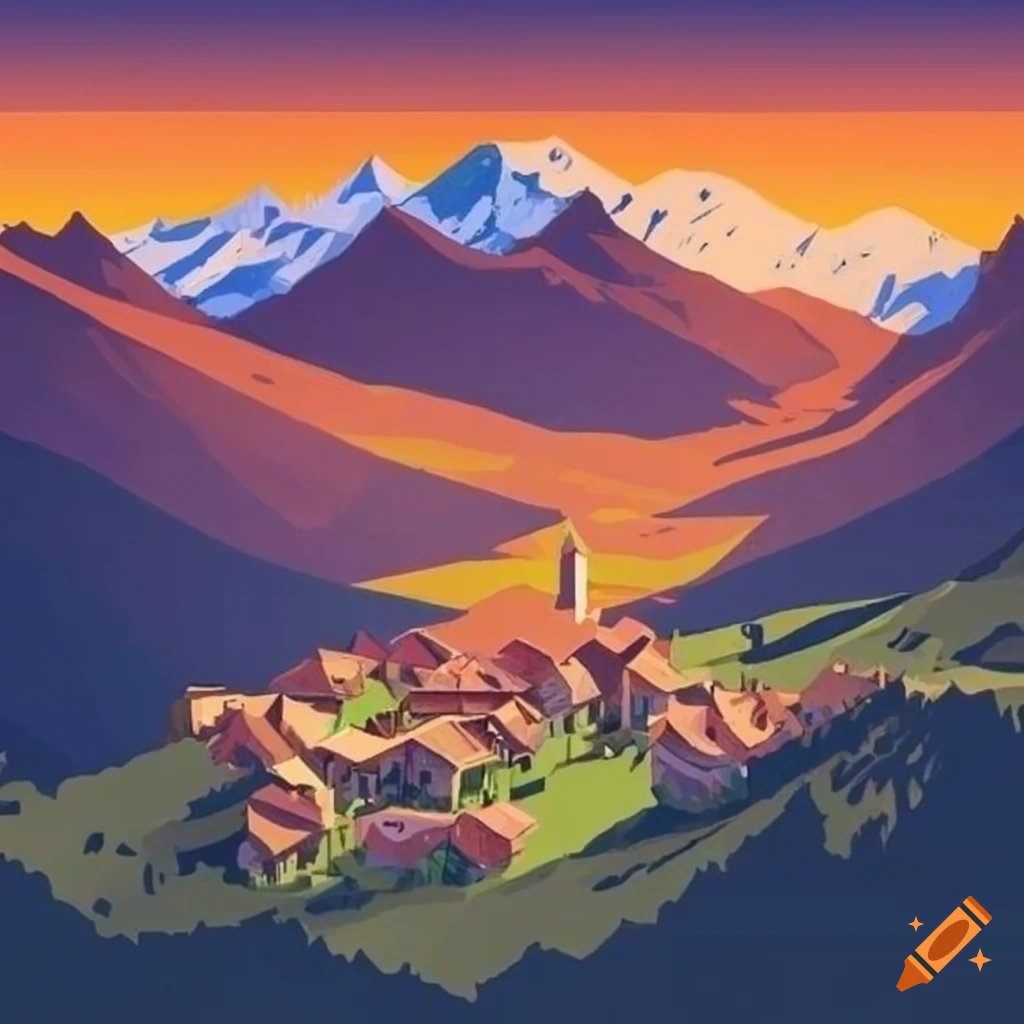 isometric-view-of-a-french-peasant-village-in-the-alps-with-rising-sun