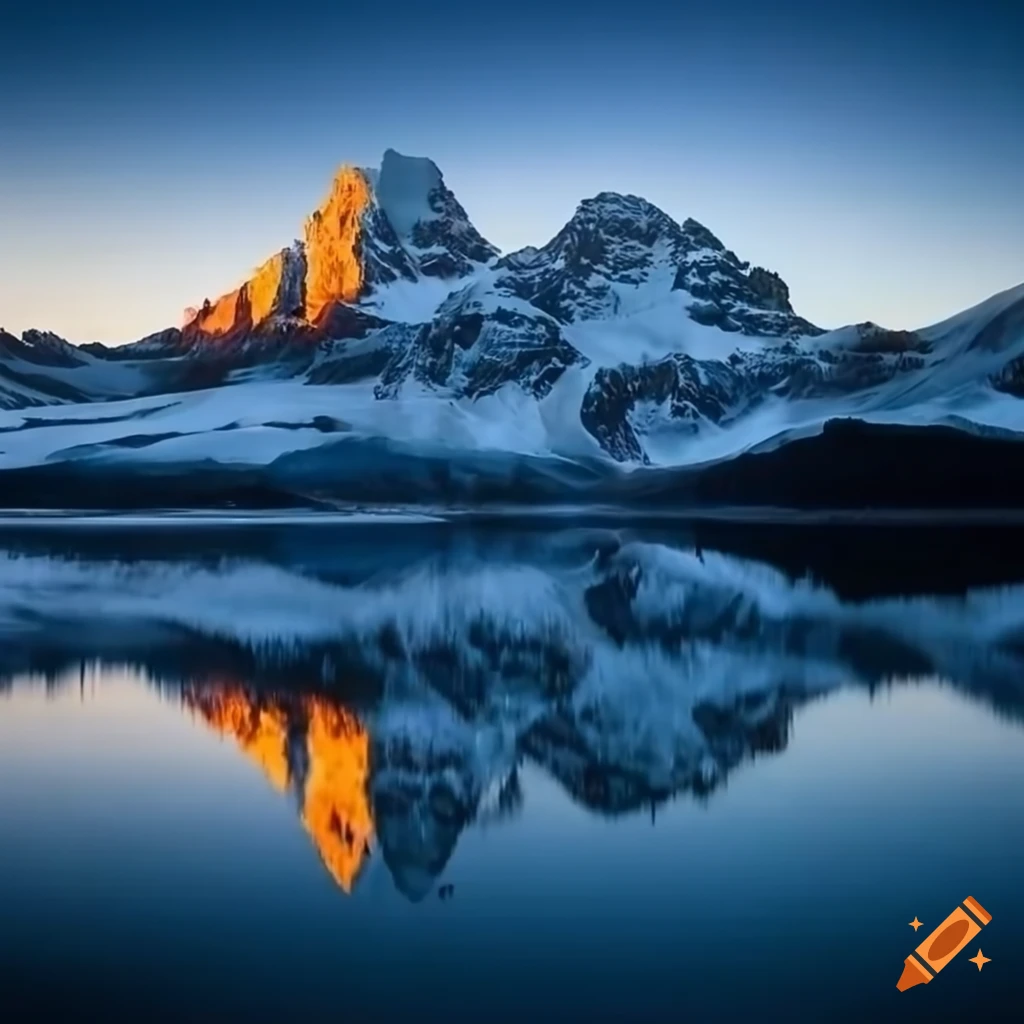 Sunset reflection on snowy mountain range and lake