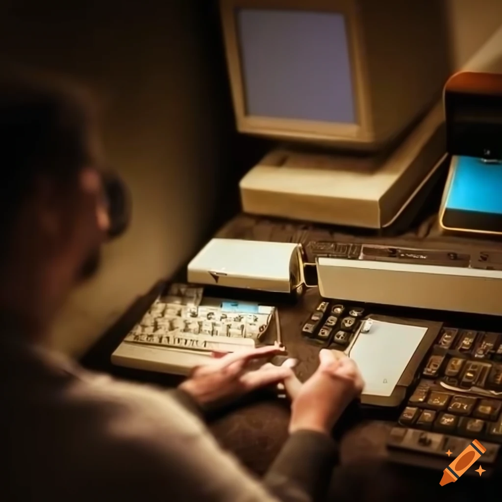 digital artwork of a hacker in a vintage computer room