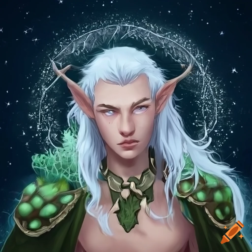 Digital Art Of A Druid With White Hair And A Dragon Constellation In digital-art-of-a-druid-with-white-hair-and-a-dragon-constellation-in