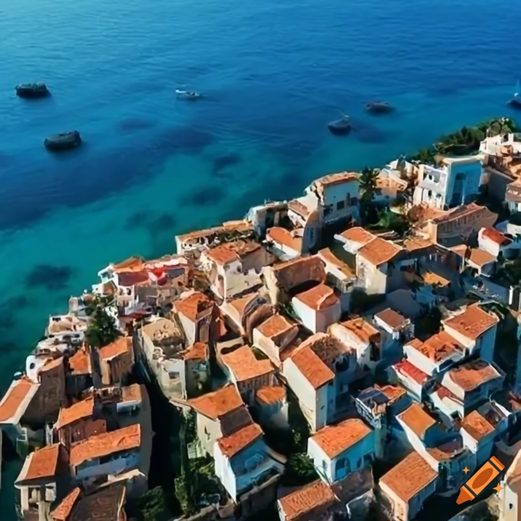 Aerial view of a village by the mediterranean sea on Craiyon