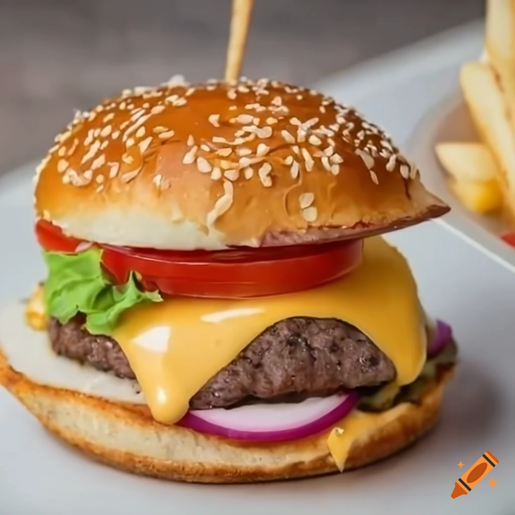 close-up of a delicious cheeseburger with fresh toppings