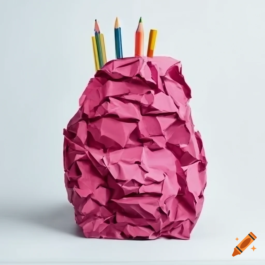 sculpture of crumpled paper backpack, pencil case and school diary