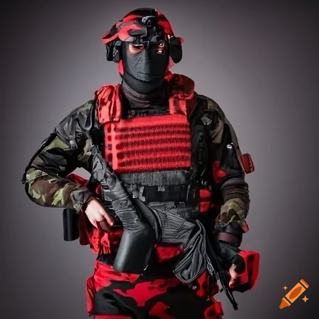 Stylish red and black camouflage tactical gear on Craiyon