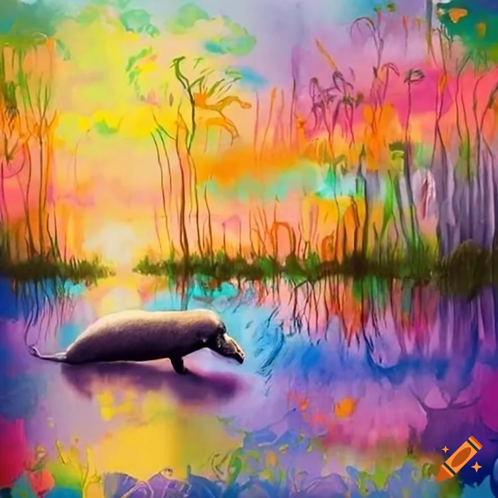 Misty everglades with a group of manatees on Craiyon