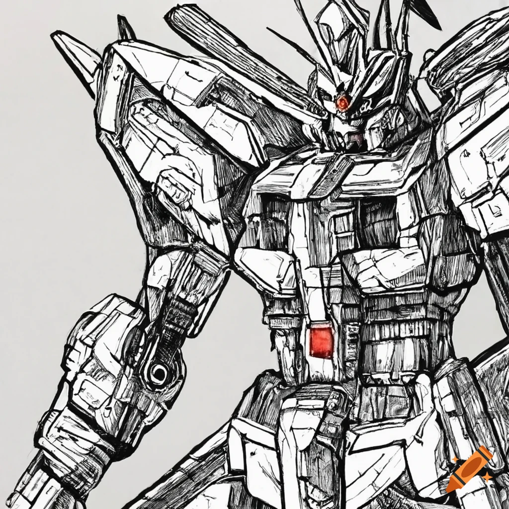 pen and ink illustration of a gundam with weapons