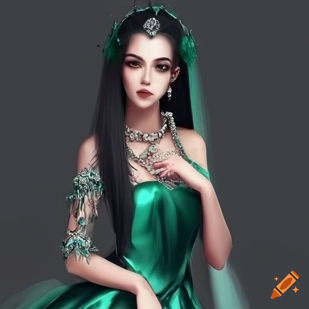 Ethereal princess in a beautiful green satin dress on Craiyon