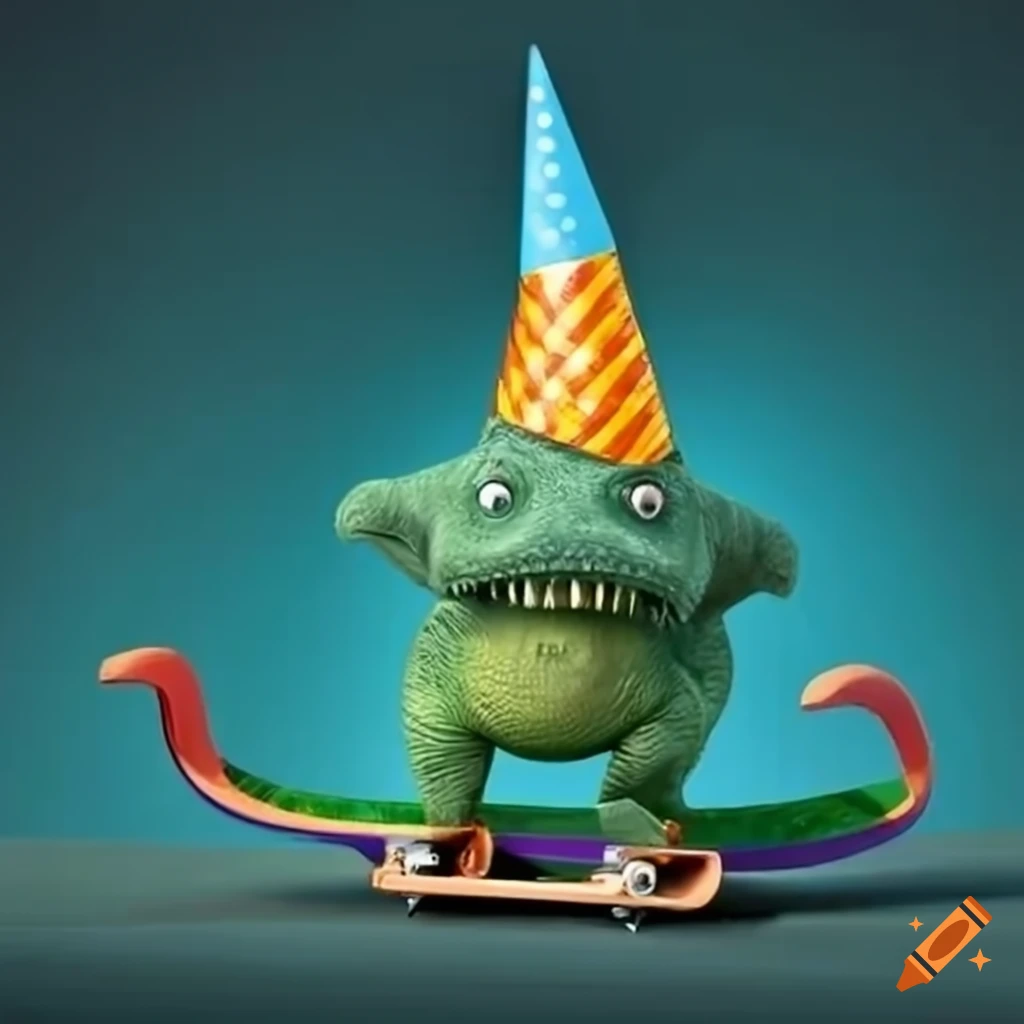 Dinosaur riding a skateboard with a party hat on Craiyon