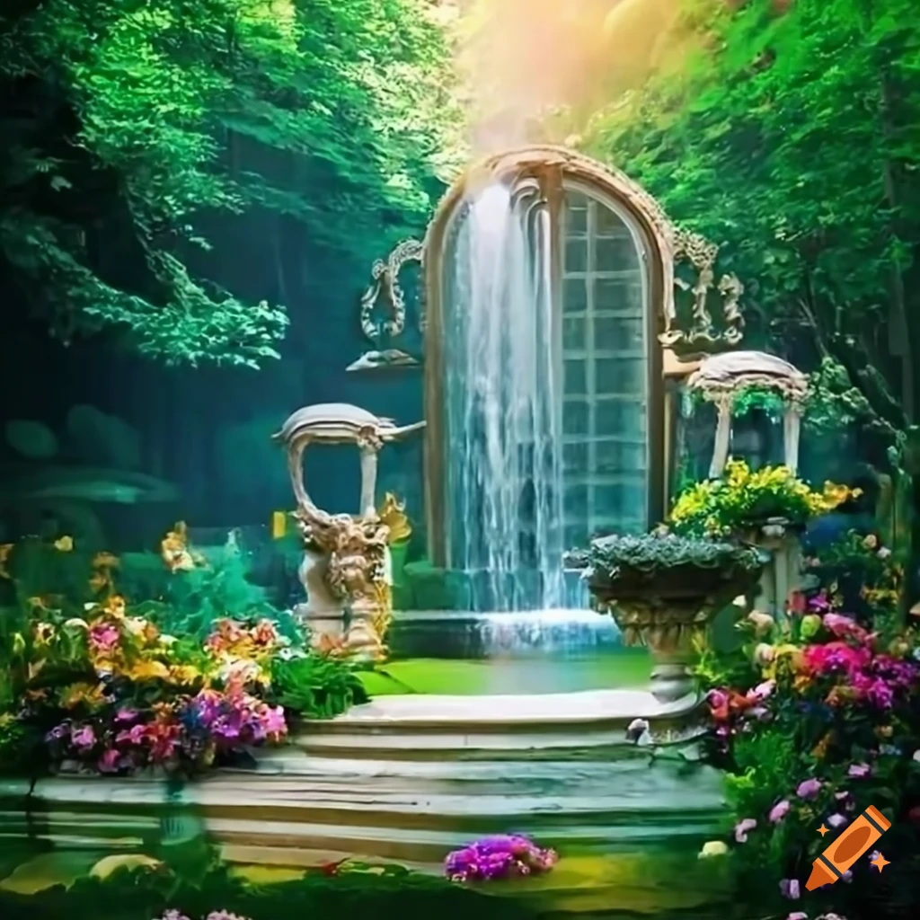 image of a majestic Victorian garden with a balcony and waterfall