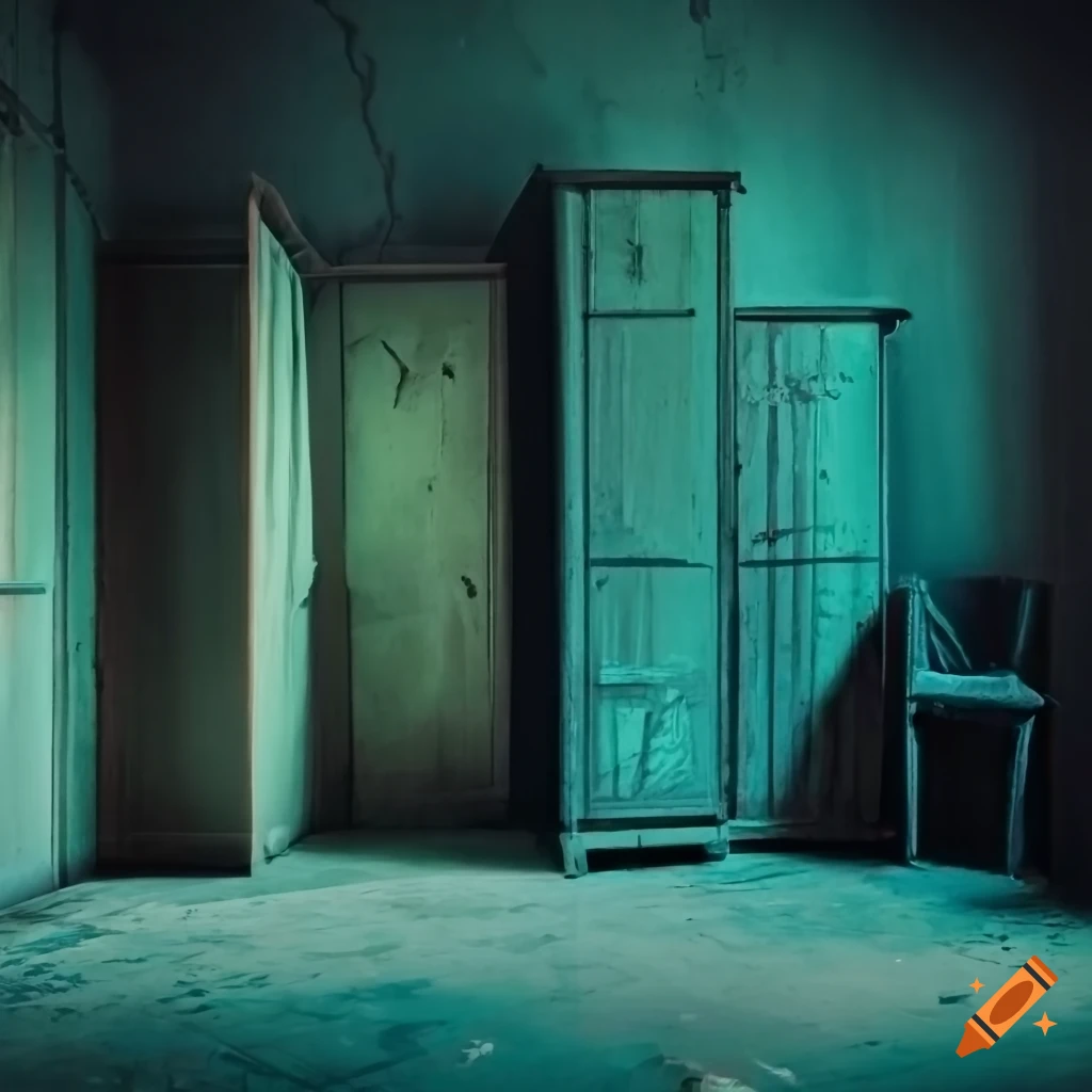 Cyanlit derelict basement with chairs and wardrobes on Craiyon