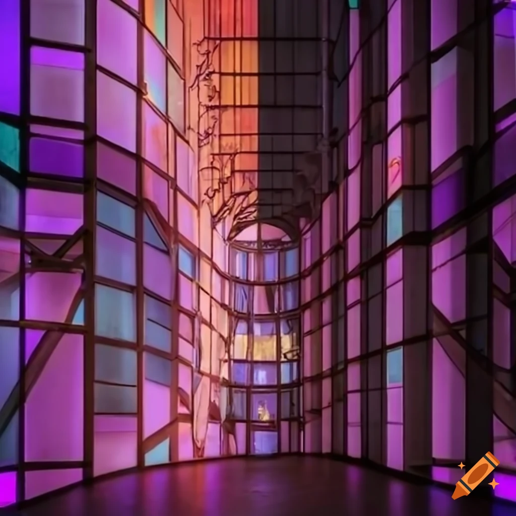 Stained glass inside a futuristic building