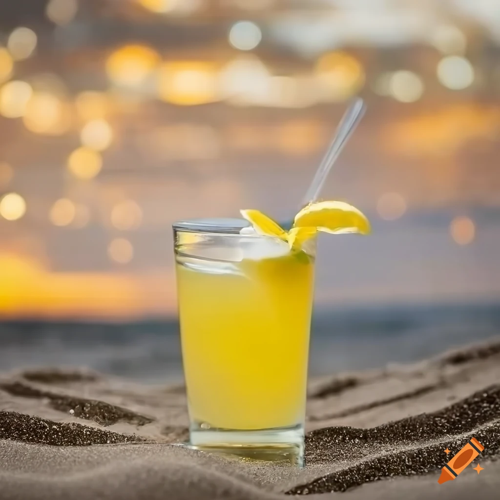 Glass of lemonade on the beach at golden hour on Craiyon