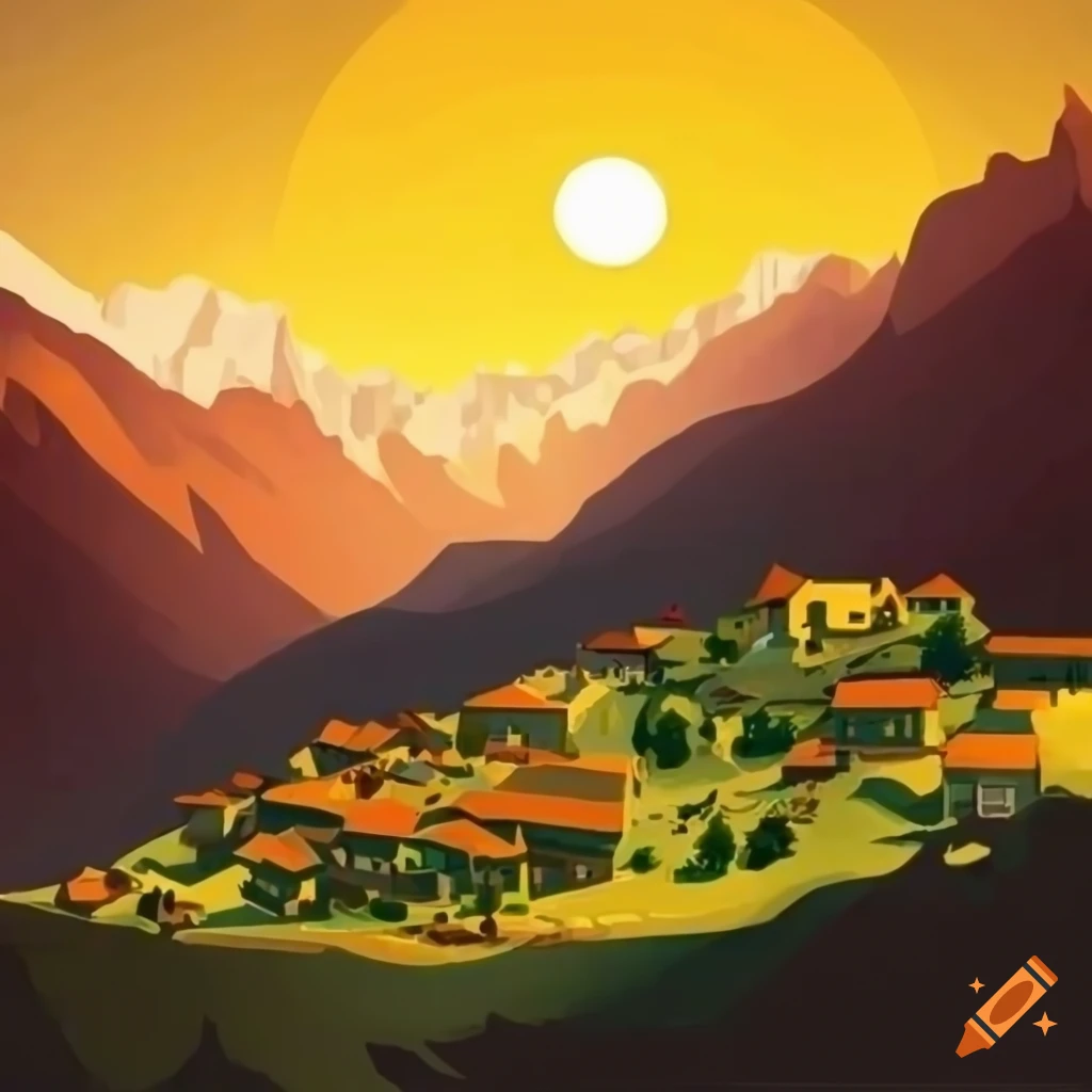 Traditional Sikkim Village In The Mountains Depicted In Comic Style 