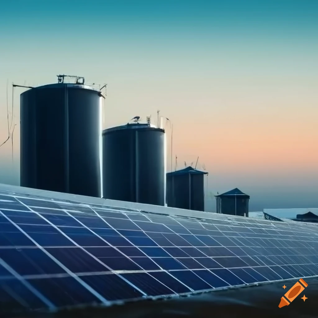 Solar panels in a field with water tanks and freight containers