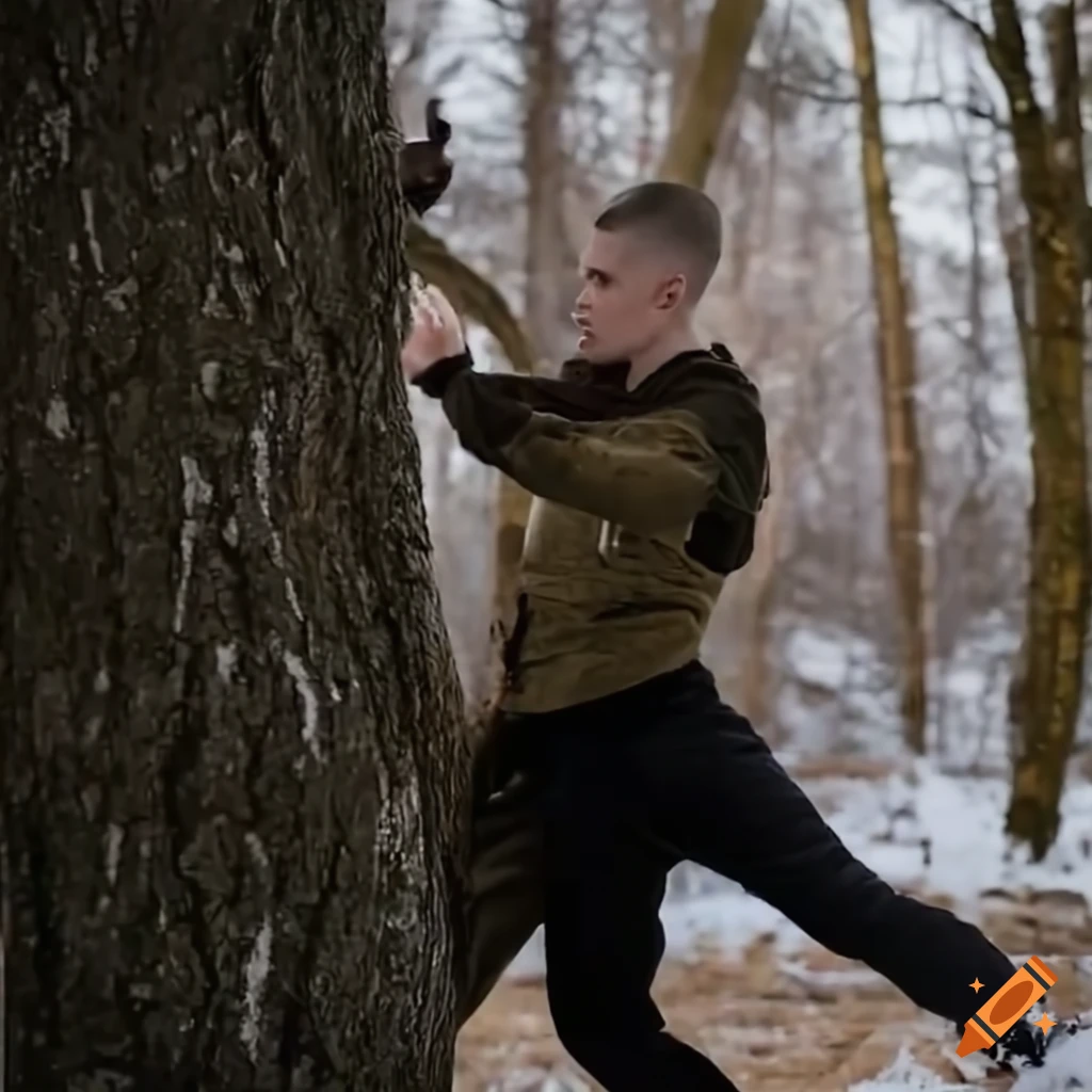 image of a powerful krav maga punch in a winter forest