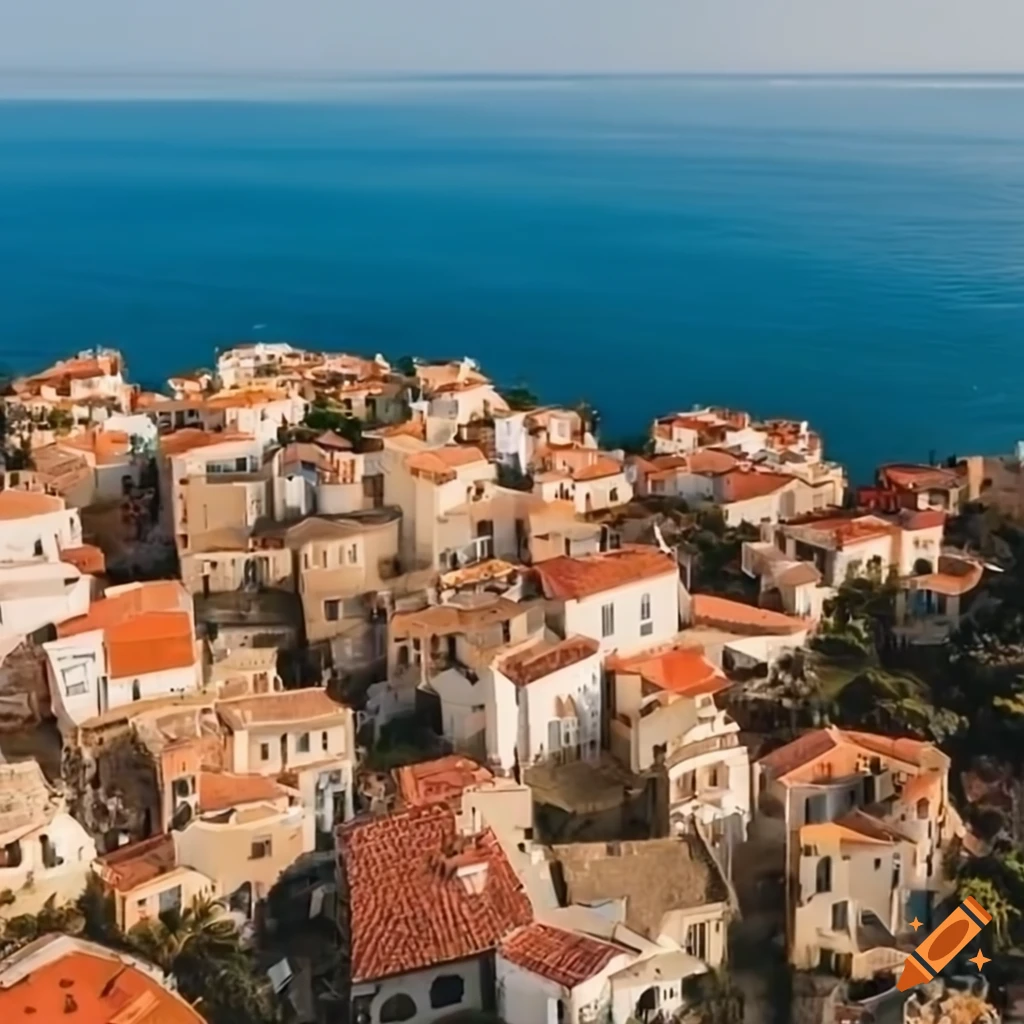 Aerial view of a village by the mediterranean sea on Craiyon