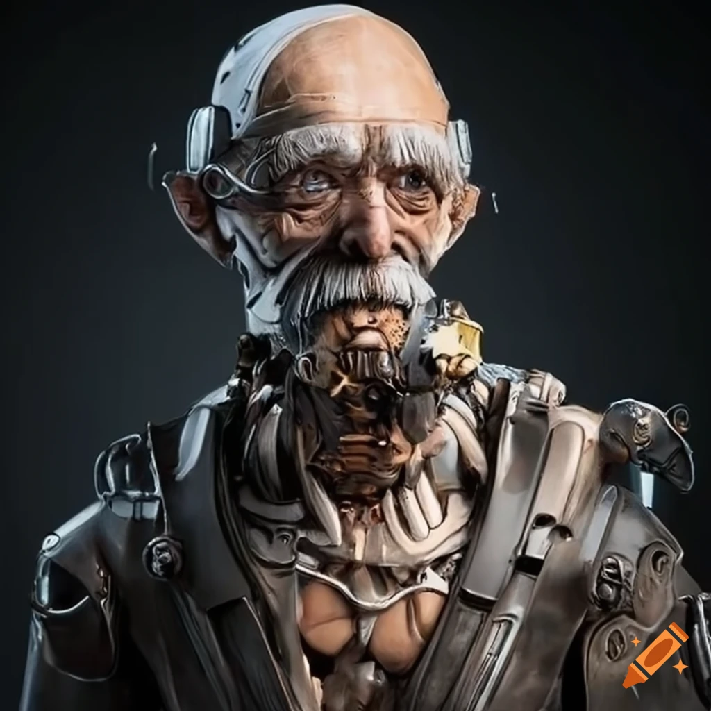 Sculpture of an old man with mechanical feline on Craiyon